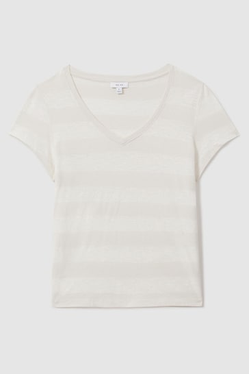 Reiss Neutral/Ivory Nola Linen-Cotton Striped V-Neck T-Shirt