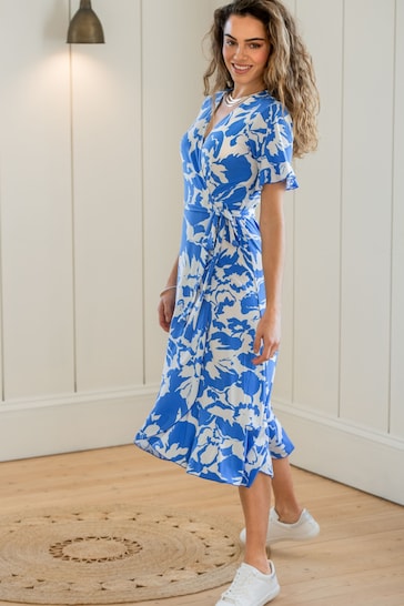 Pour Moi Blue Print Megan Fuller Bust Slinky Jersey Frill Detail Midi Wrap Dress