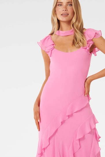 Forever New Pink Polly Ruffle Sleeves Midi Dress with Scarf
