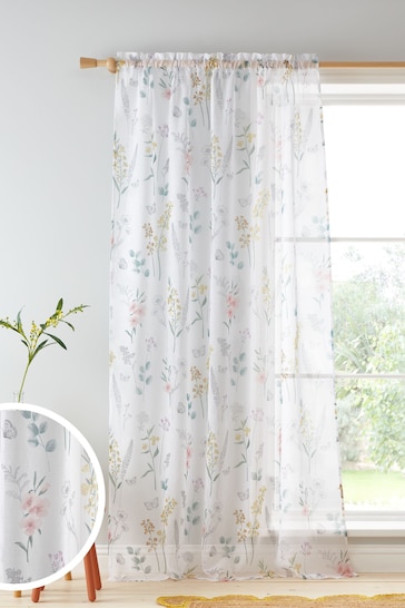 Catherine Lansfield White Emilia Floral Slot Top Voile Panel Curtains