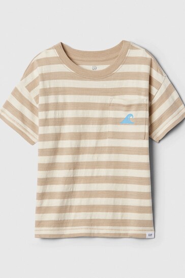 Gap Beige Stripe Cotton Graphic Pocket Short Sleeve Crew Neck Baby T-Shirt (Newborn-5yrs)