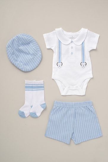 Little Gent Natural Printed Bodysuit Linen Shorts Flat Cap And Socks Outfit Set