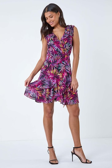 Roman Purple Tropical Leaf Print Frill Wrap Dress