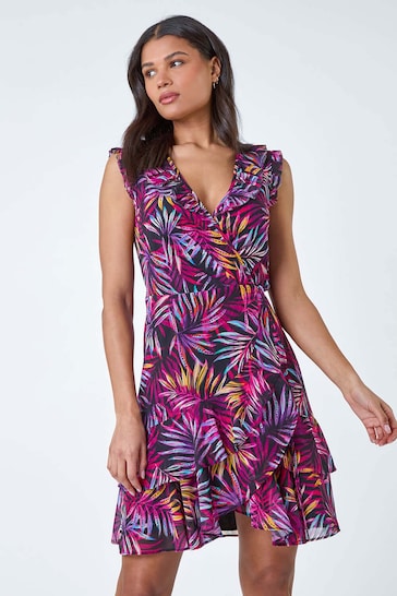 Roman Purple Tropical Leaf Print Frill Wrap Dress