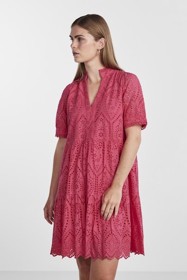 Y.A.S Pink Broderie Long Sleeve Tiered Dress