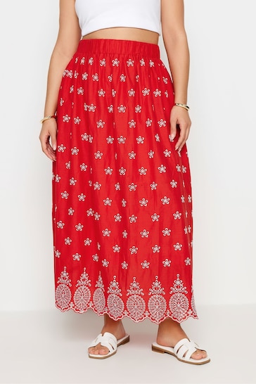 Yours Curve Red Broderie Shirred Waist Skirt