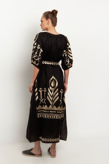 Greek Archaic Kori Black Embroidered Maxi Belted Dress