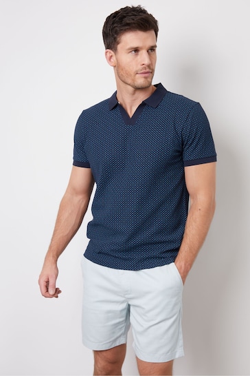 Threadbare Navy Geo Print Trophy Neck Pique Polo Shirt