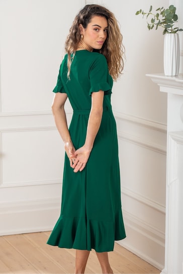 Pour Moi Dark Green Megan Fuller Bust Slinky Jersey Frill Detail Midi Wrap Dress