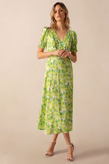 Ro&Zo Green Botanical Floral Print Shirred Cuff Mdii Dress