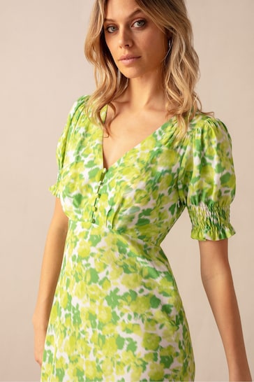 Ro&Zo Green Botanical Floral Print Shirred Cuff Mdii Dress
