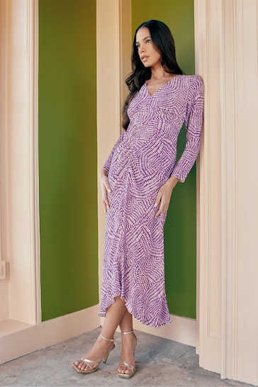 Ro&Zo Purple Geo Print Ruched Front Midi Dress