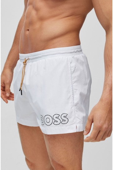 BOSS White Quick-Dry Outlined Logo Swim Shorts