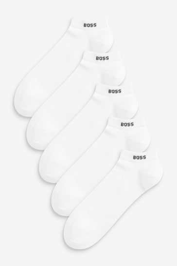 BOSS White Cotton Blend Logo Ankle Socks 5 Pack