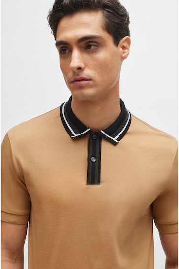 BOSS Tan Brown Contrast Collar Slim Fit Polo Shirt