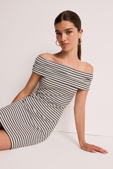 Navy/White Stripe Bardot Rib Summer Mini Dress