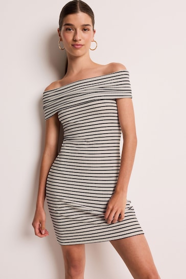 Navy/White Stripe Bardot Rib Summer Mini Dress