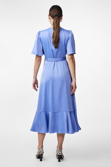 Y.A.S Blue Satin Wrap Ruffle Dress