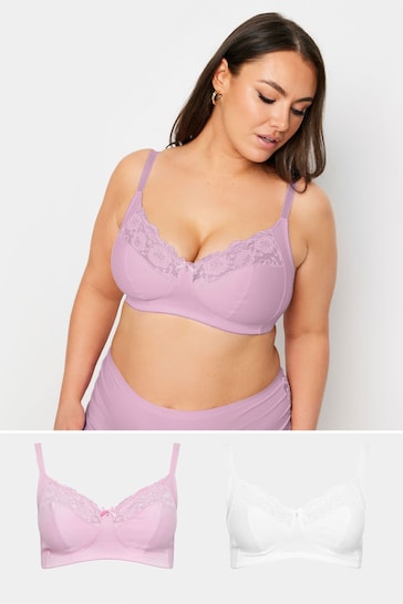 Yours Curve Pink Cotton Lace Non-Wired Non-Padded Bra 2 Pack