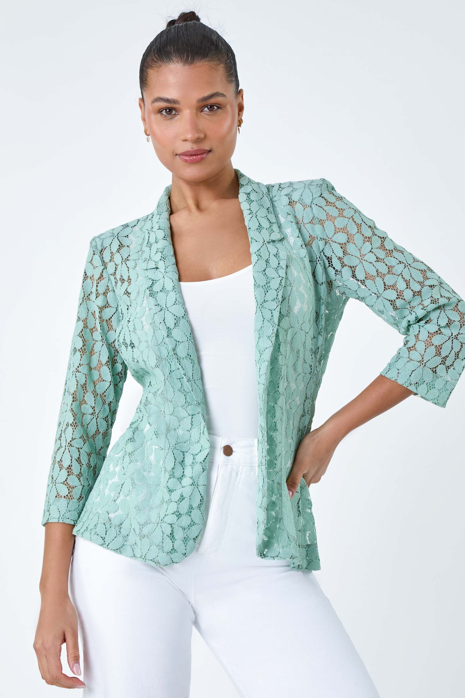 Roman Green Floral Lace Blazer Jacket