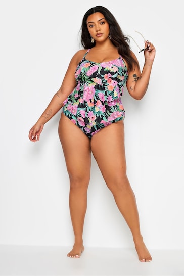 Yours Curve Black Floral Print Frill Tummy Control Swimsuit