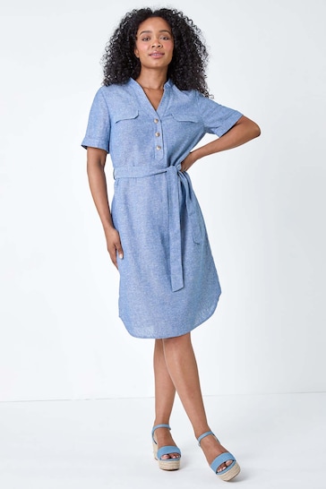 Roman Blue Linen Blend Shirt Shift Dress