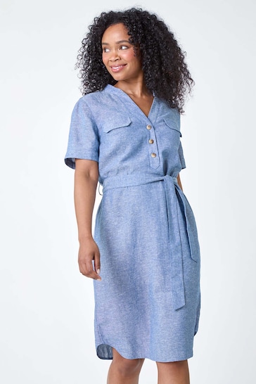 Roman Blue Linen Blend Shirt Shift Dress