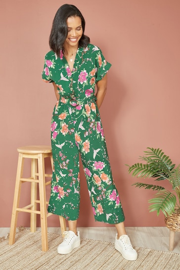 Yumi Green Crane Print Jumpsuit With Matching Belt