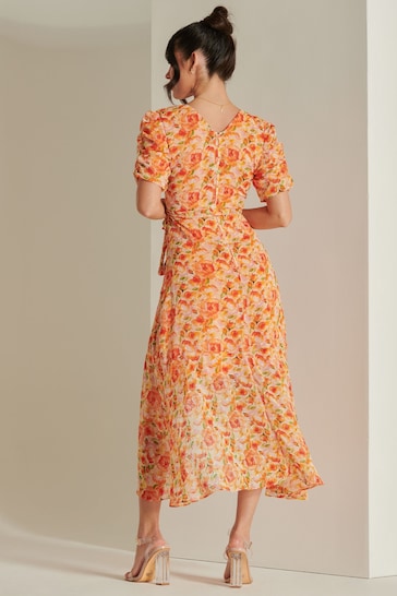 Jolie Moi Orange Print Metallic Textured Chiffon Maxi Dress