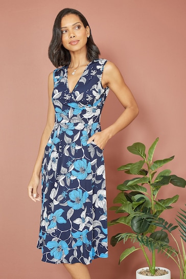 Mela Blue Floral Print Stretch Wrap Over Midi Dress With Pockets