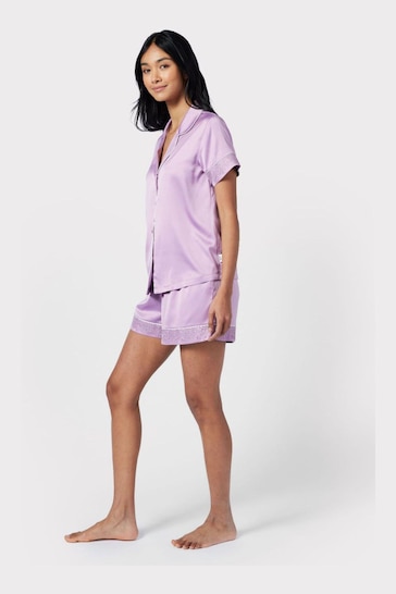 Chelsea Peers Purple Satin Lace Trim Short Pyjama Set
