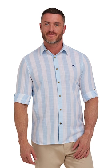 Raging Bull Blue Long Sleeve Wide Stripe Linen Look Shirt