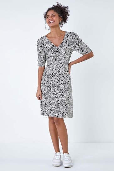 Dusk Black Ditsy Floral Ruched Puff Sleeve Dress