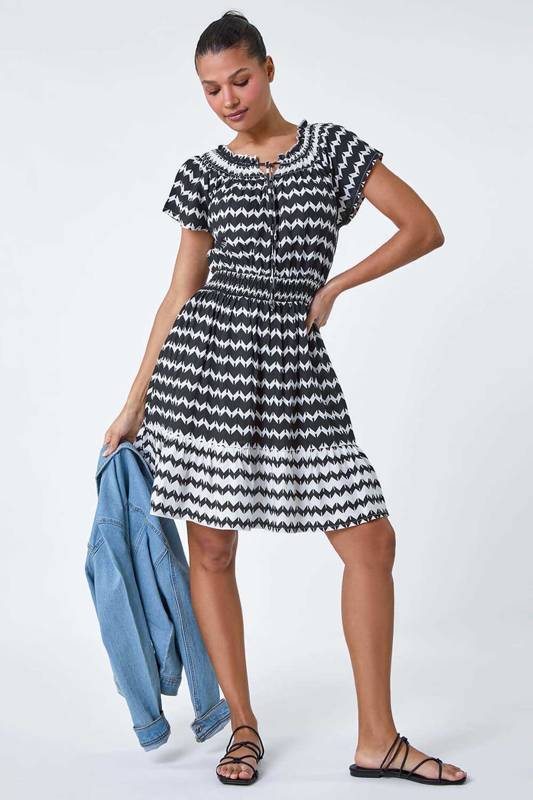 Buy Roman Black Zig Zag Border Print Shirred Dress from the Next UK online shop