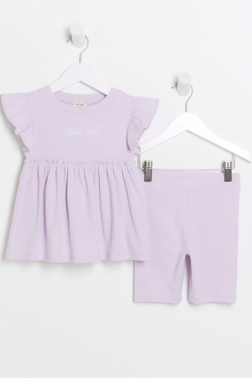 River Island Purple Girls Rib Peplum Top and Short Set