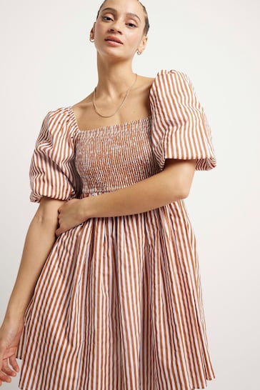 River Island Brown Stripe Puff Sleeve Smock Mini Dress