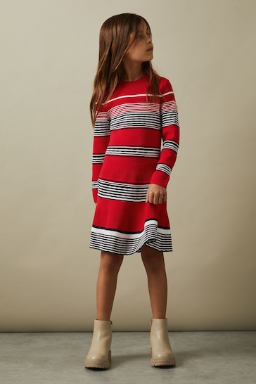 Reiss Red Remi Teen Knitted Striped Skater Dress