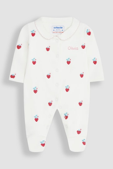 JoJo Maman Bébé Strawberry Baby Personalised Embroidered Cotton Sleepsuit