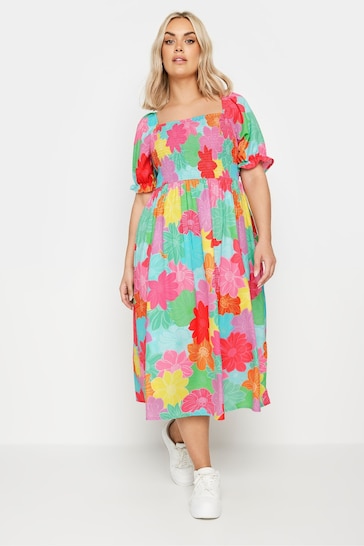 Yours Curve Pink Ditsy Floral Print Shirred Midaxi Dress