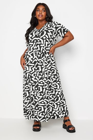 Yours Curve Black & White Abstract Print Pleated Maxi Dress