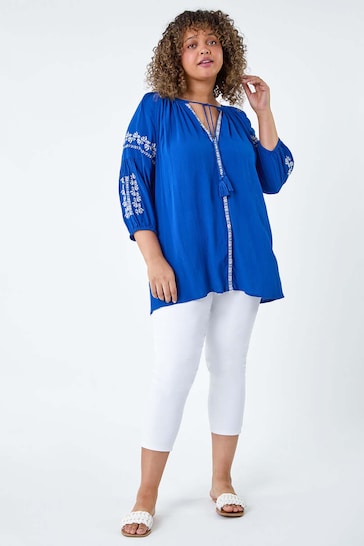 Roman Blue Tie Neck Embroidered Smock Top