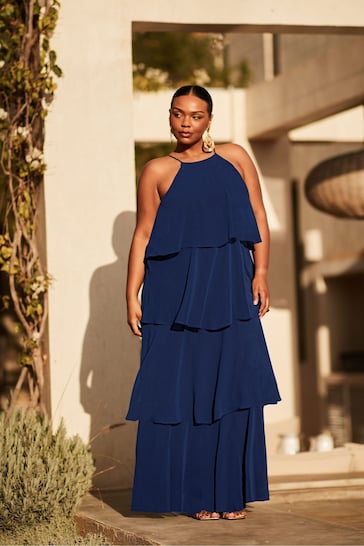 Live Unlimited Blue Curve Ruffle Tiered Maxi Dress