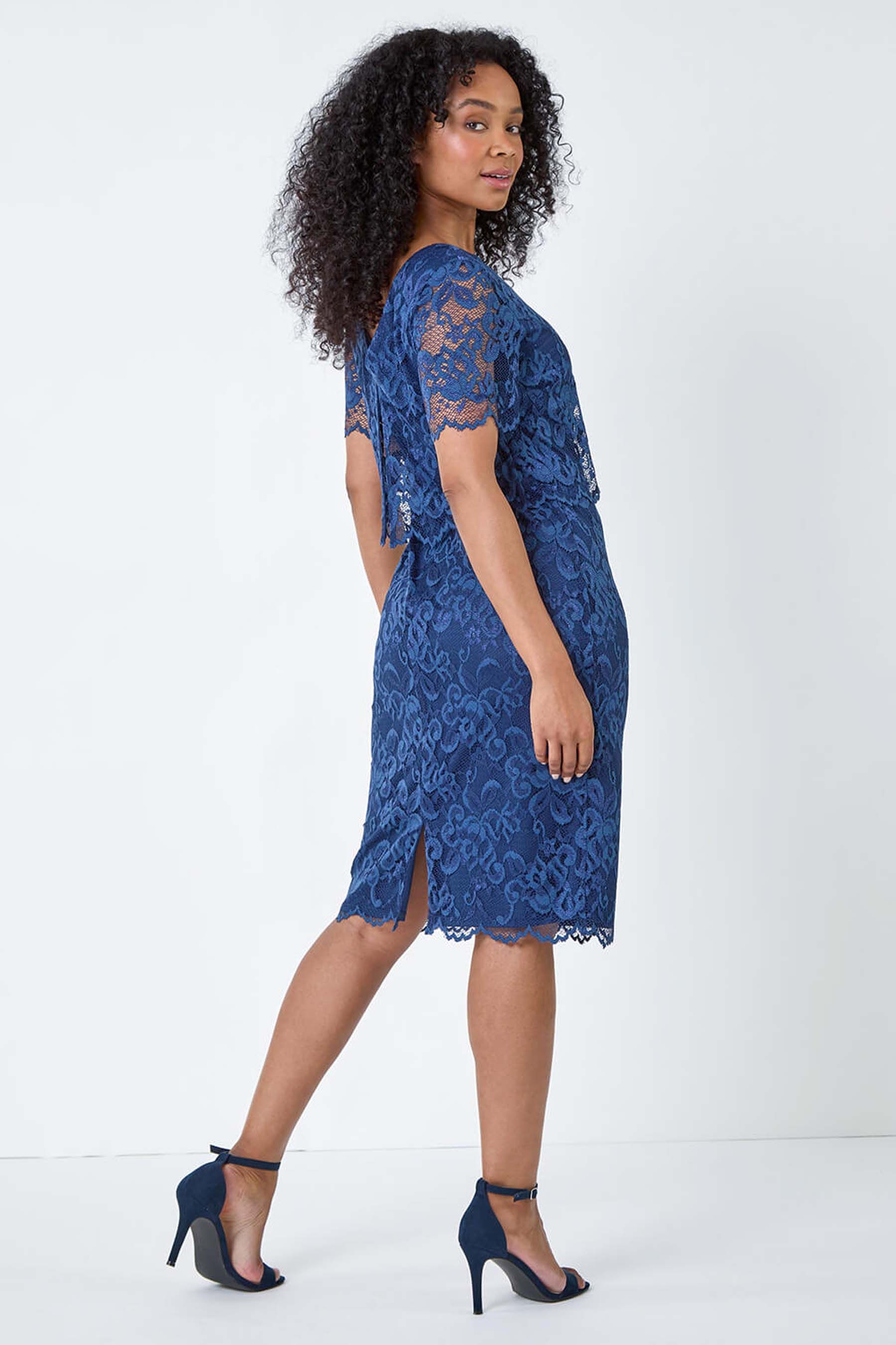 Roman Blue Lace Overlay Stretch Dress