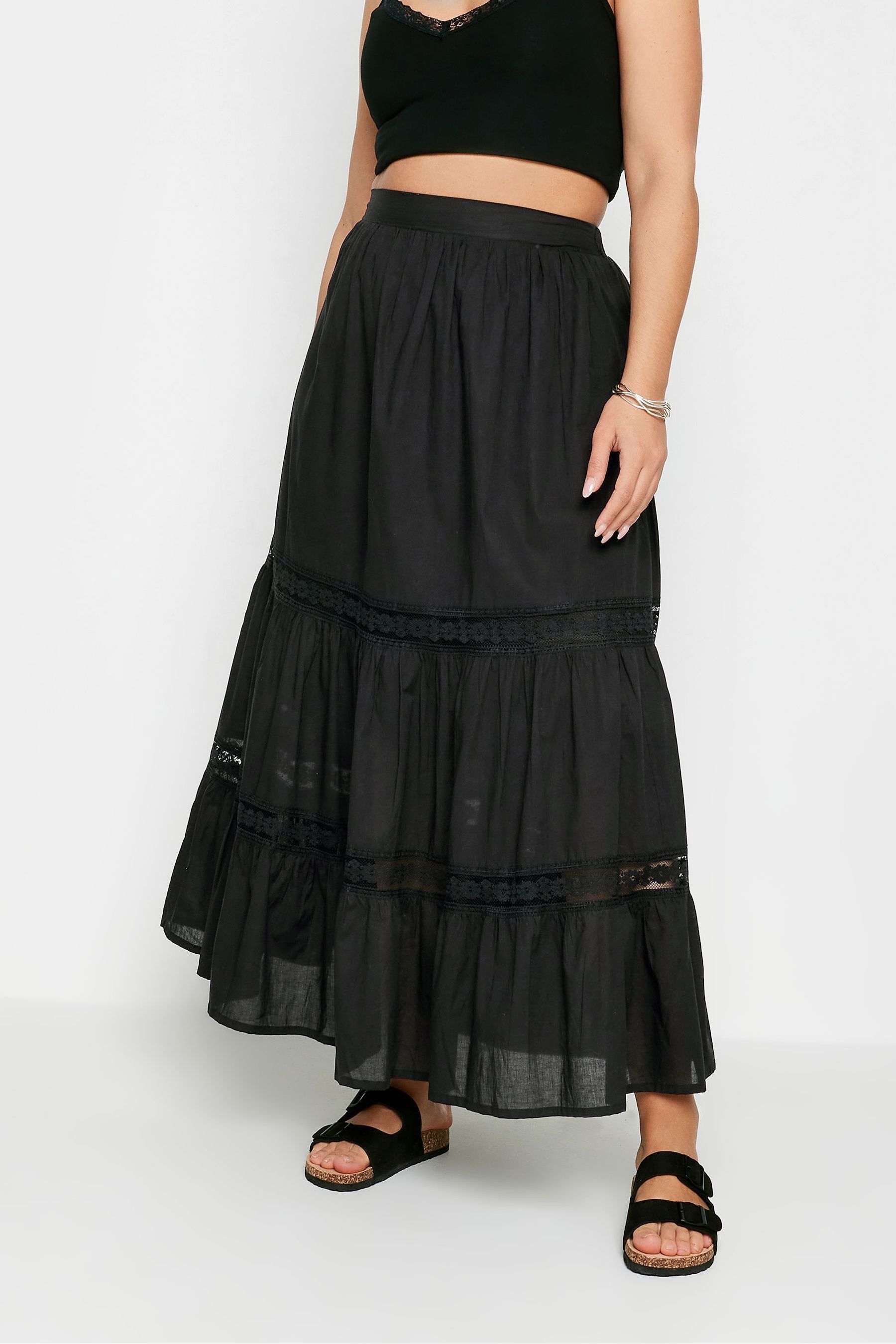 Yours Curve Black Peasant Tiered Maxi 100 Cotton Skirt