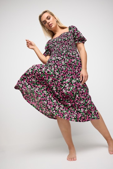 Yours Curve Black & Pink Ditsy Floral Print Shirred Midaxi Dress