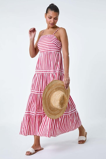 Roman Red Sleeveless Stripe Tiered Cotton Maxi Dress