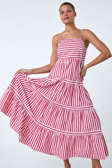 Roman Red Sleeveless Stripe Tiered Cotton Maxi Dress