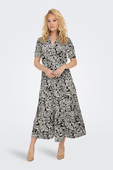 JDY Black Printed V-Neck Short Sleeve Tiered Maxi Dress