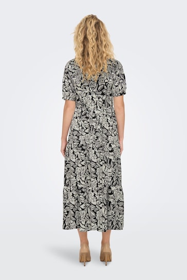 JDY Black Printed V-Neck Short Sleeve Tiered Maxi Dress