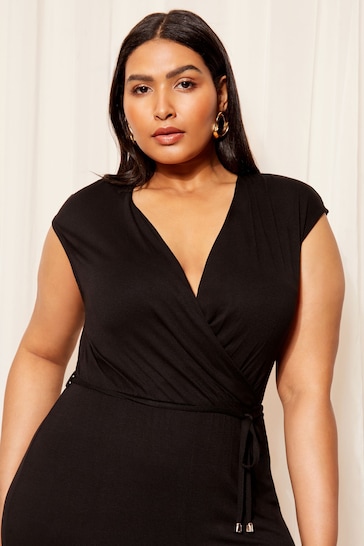 Friends Like These Black Curve Jersey Wide Leg Wrap Style V Neck Summer Jumpsuit